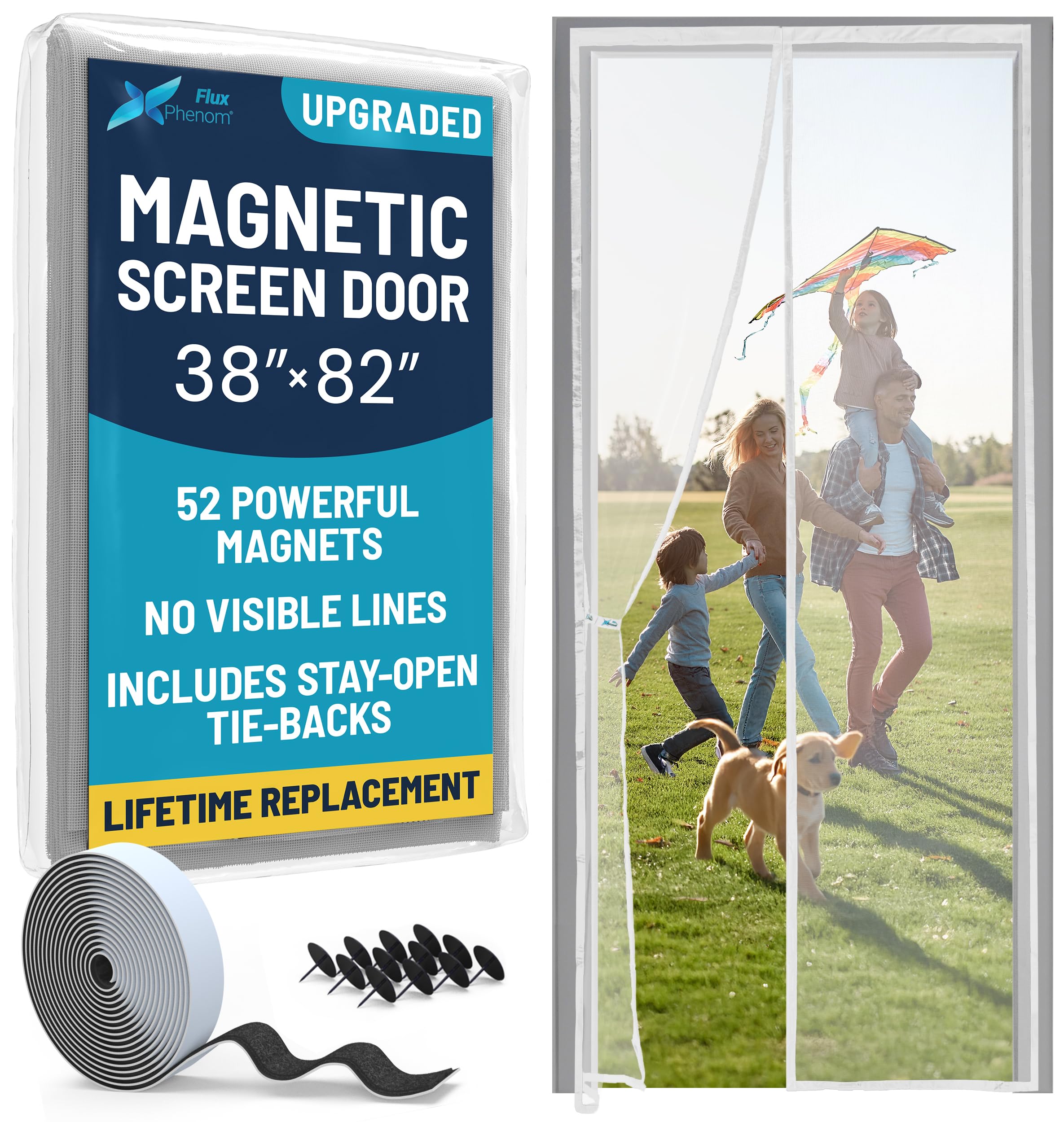 Photo 1 of Flux Phenom Magnetic Screen Door Mesh 38x82 Inch – Easy Install, Strong Magnet Strength, Self-Sealing Mesh, Pet Tested, Hands-Free Entry, Door Screen Magnetic Closure, Keeps Bugs Out - White