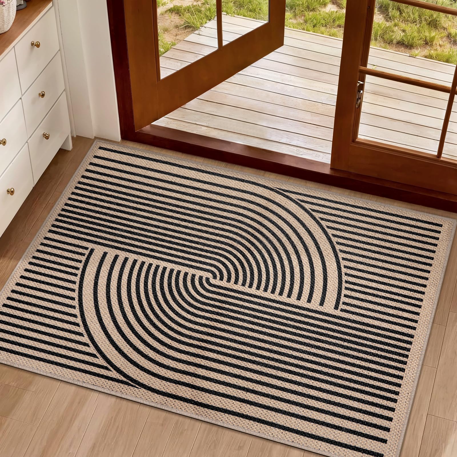 Photo 1 of Tangsoo Rainbow Easy Jute Rug,2x3 Washable Small Area Outdoor Rug for Entryway Non-Slip Thin Black Throw Mat Modern Farmhouse Indoor Carpet for Entrance Kitchen Entry Front Porch