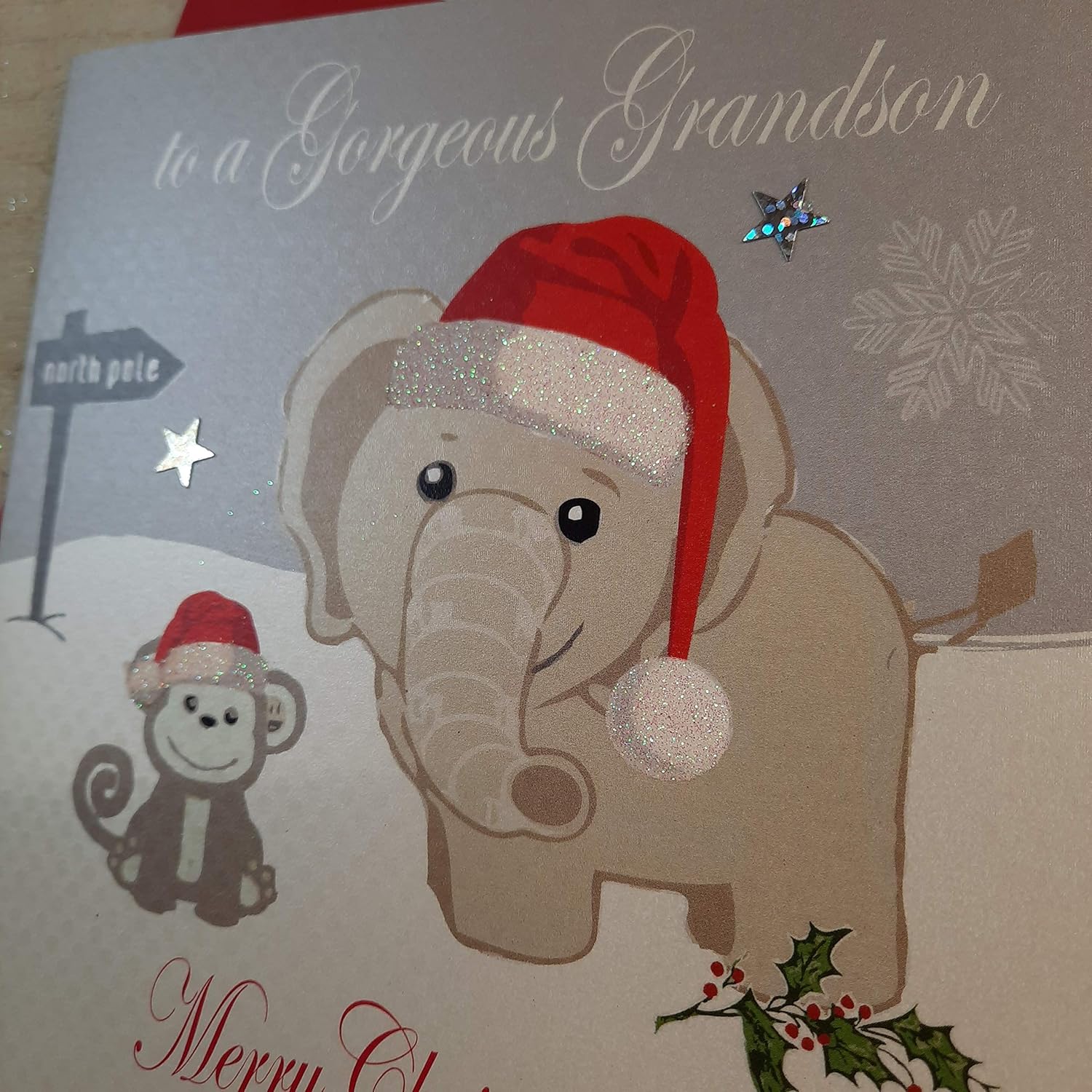 White Cotton Cards To A Gorgeous Grandson Merry, Handmade Christmas Card. (Elephant & Monkey, Code xx14-36) - Image 4
