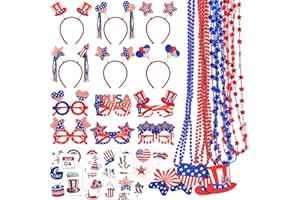 FANCY LAND 4th of July Accessories Patriotic Party Accessories 6 Fourth of July Headband Head Boppers 12 Bead Necklaces 6 Felt Glasses 50 Tattoos Women Men Kids Boys Girls Party Favor Supplies