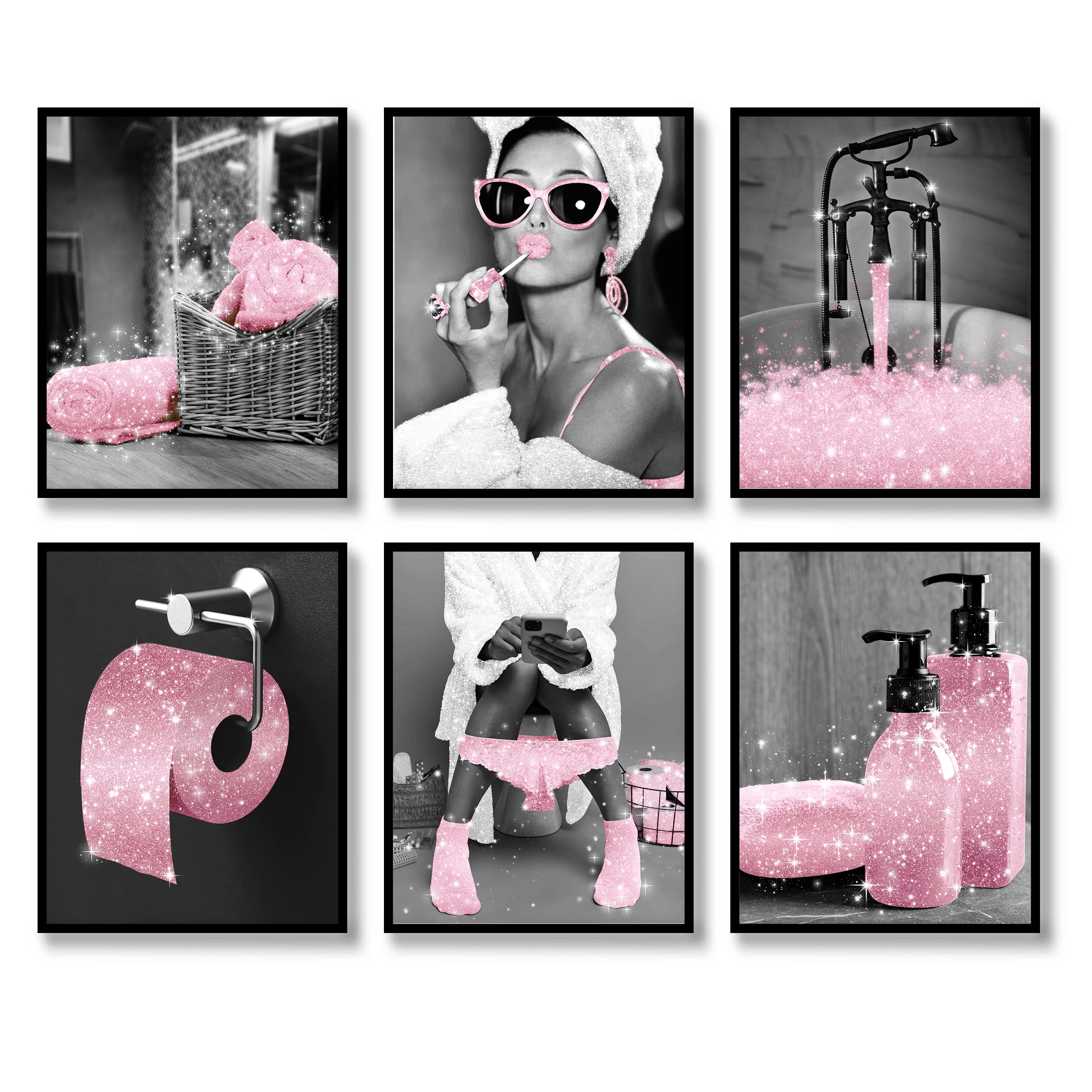 Luodroduo Fashion Wall Art Decor Prints Set of 6 Black and White Pink Glam Glitter Canvas Posters Pictures Photos Artwork Wall Modern Women Funny Bathroom (B&W PINK, 8"x10" UNFRAMED)