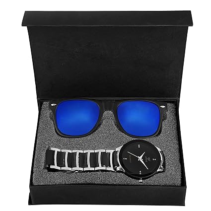CM-1063MR Combo of Full Black Analogue Watch and Mercury Sunglasses for Men
