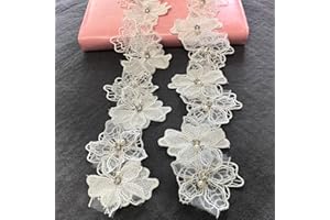 BUYSK 2 Yards 3D Pearl Beads Flower Lace Trim Ribbon Floral Applique Embroidered Lace Fabric for Sewing DIY Crafts (White)