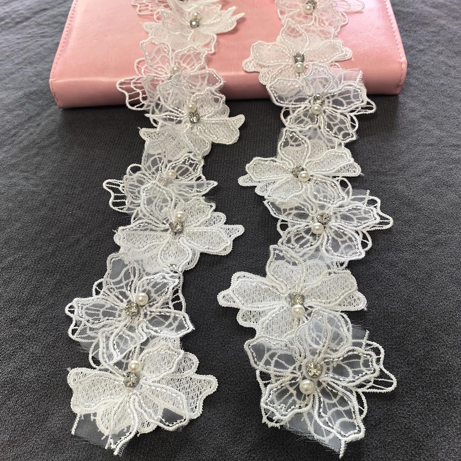 Photo 1 of 2 Yards 3D Pearl Beads Flower Lace Trim Ribbon Floral Applique Embroidered Lace Fabric for Sewing DIY Crafts (White)