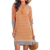 HOTOUCH Women Casual Beach Summer Dress Boho V Neck 3/4 Long Sleeve Short Floral Print Flowy Swimsuit Cover Up Sundress