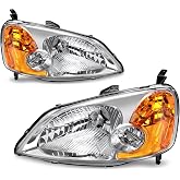 AUTOSAVER88 Headlight Assembly Compatible with 2001-2003 Honda Civic | Driver and Passenger Side, Amber Reflector, Chrome Housing, Bright Beam, Waterproof, Impact-Resistant PC Lens