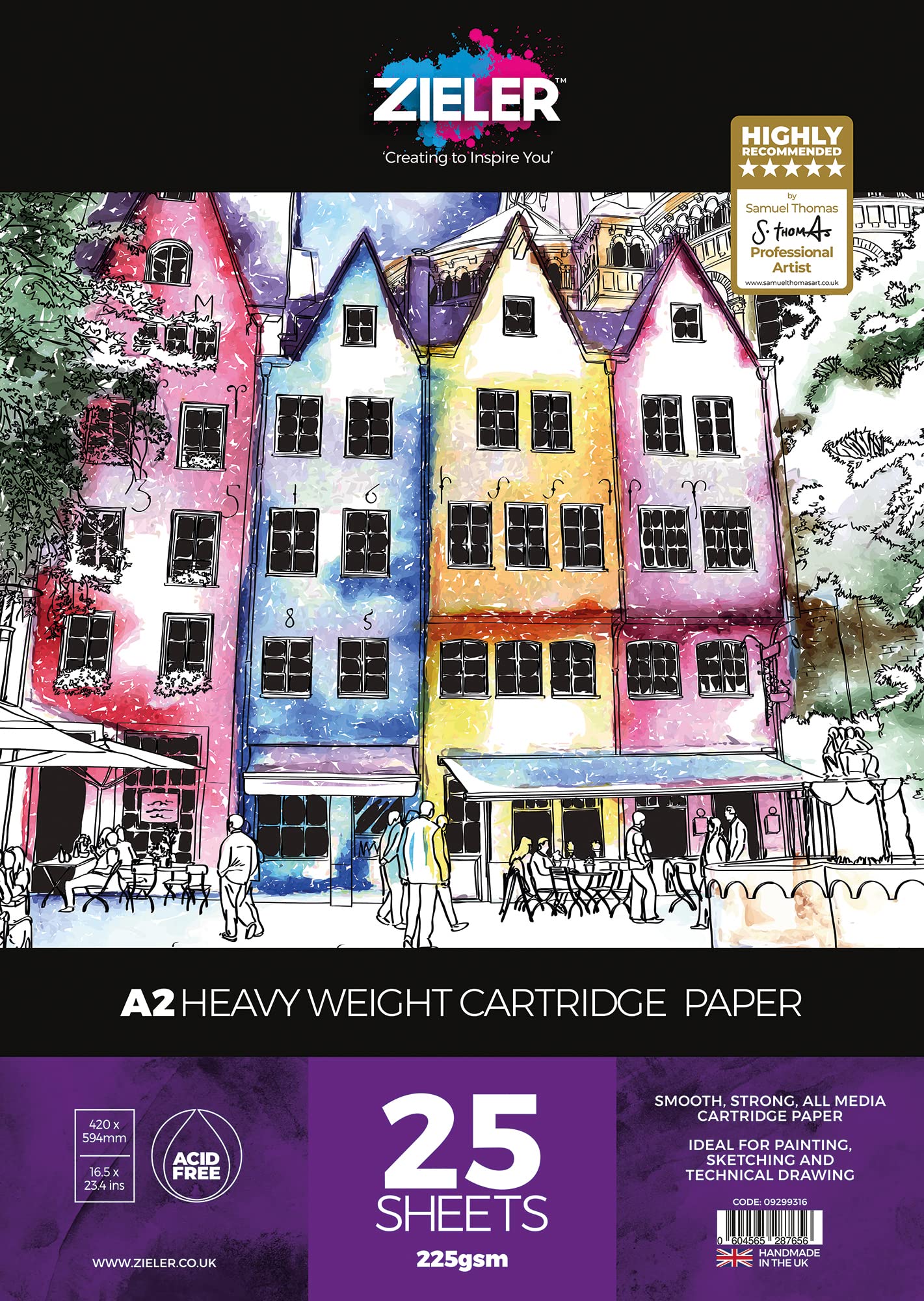 Heavyweight Cartridge Paper Pad - 225gsm, 25 Sheets (Smooth) - by Zieler® - Ideal for Painting, Sketching & Technical Drawing. Made in UK (A2)