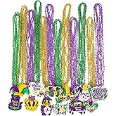 EOBOH 36PCS Mardi Gras Beads, 12 Kinds Metallic Pendant Necklaces, Gold, Green, Purple, Unisex, 33 Inch, Fashion Jewelry