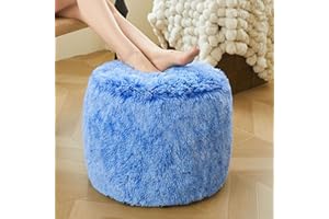 XeGe Fluffy Faux Fur Inflatable Pouf Ottoman, Soft Shaggy Fuzzy Foot Stool, Plush Furry Foot Rest Floor Pouf Anti-Slip, Foldable Round Ottoman Cushion Living Room Bedroom Home Decor, Ombre Blue