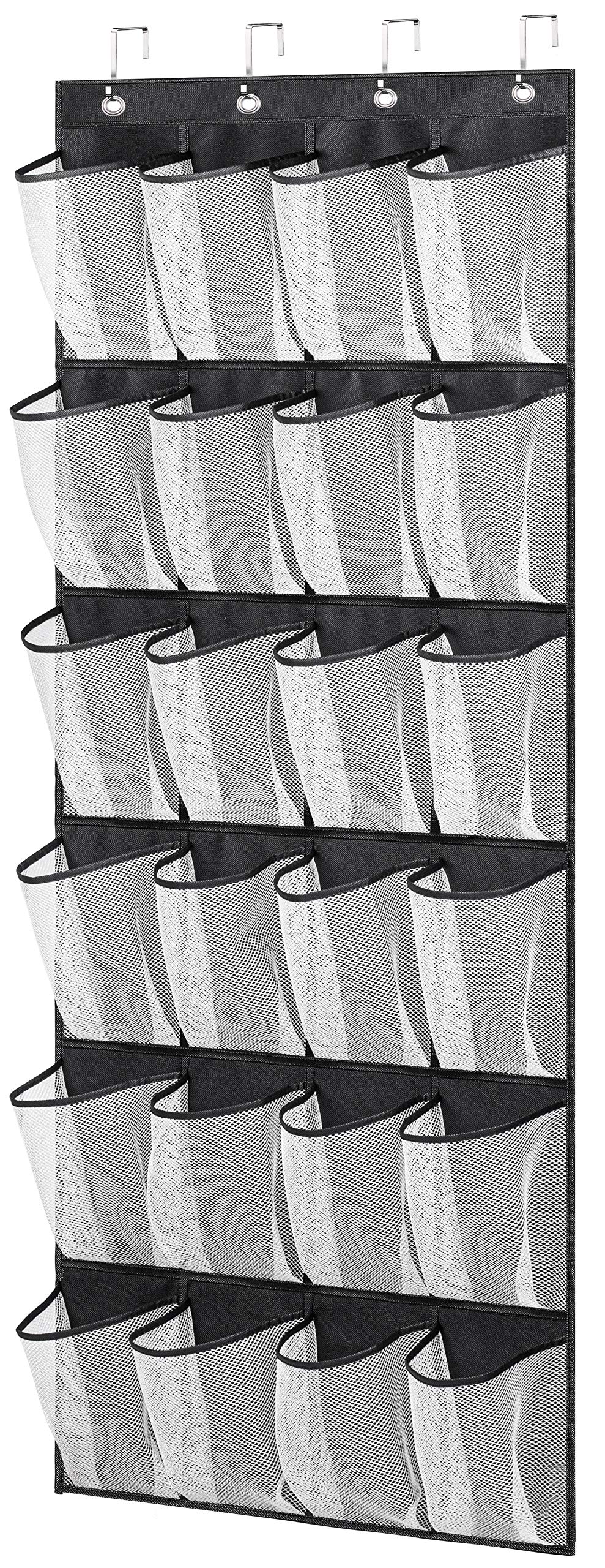 MISSLO Hanging Shoe Rack Over Door Shoe Storage Organiser Holder 24 Large Mesh Pockets with Hanger(Black)