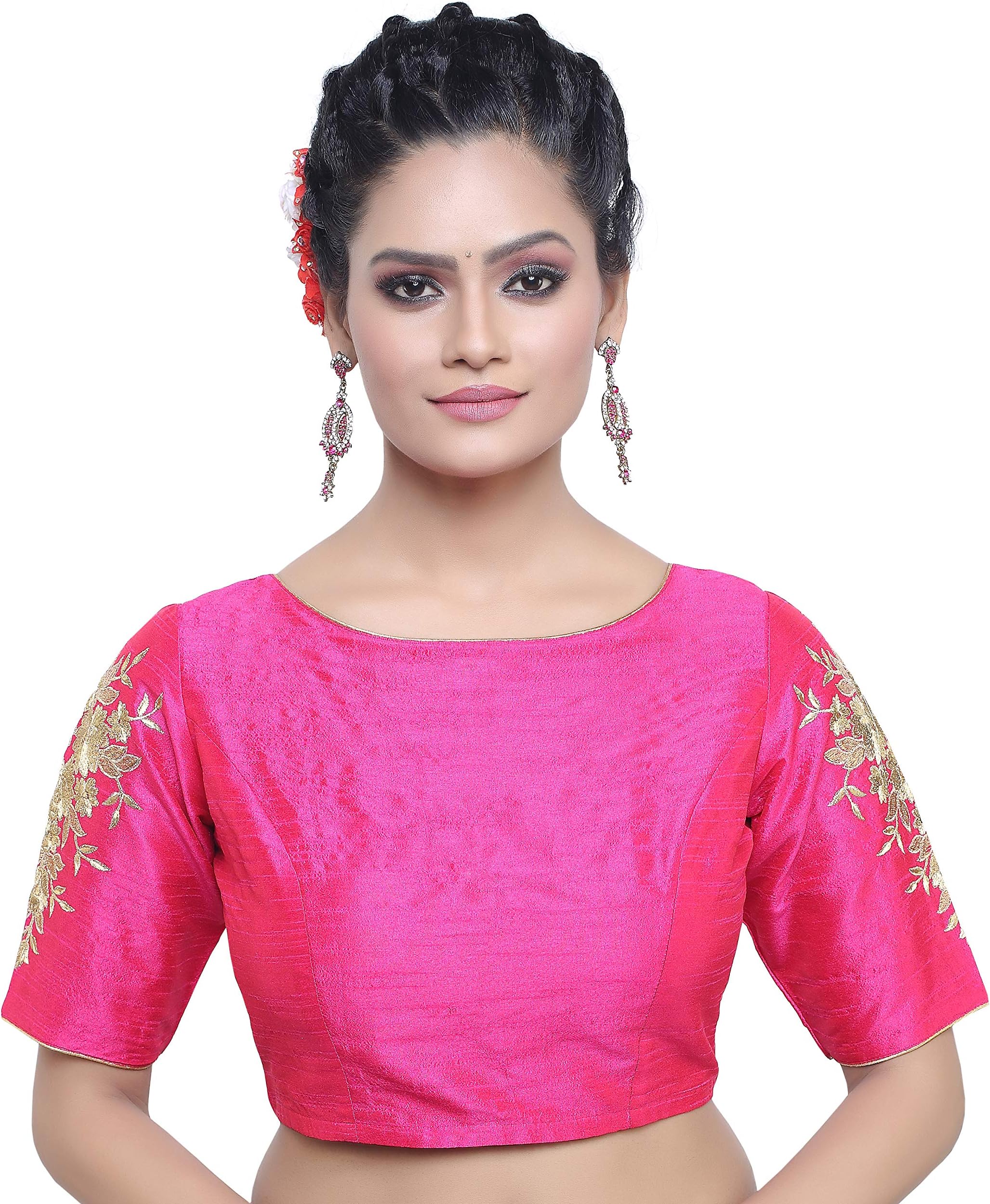 Women's Poly Raw Silk Stitched Readymade Saree Blouse with Embroidered Sleeves