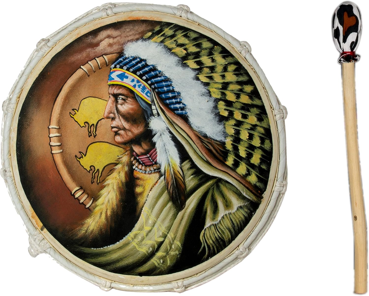 40cm Grosse Schamanentrommel Bison Indianer Gemalt Rahmentrommel