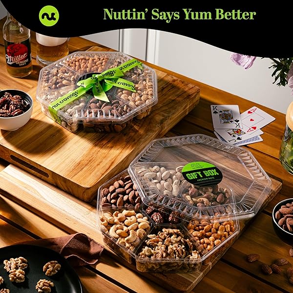 NUT CRAVINGS GOURMET COLLECTION – PURIM MISHLOACH MANOT MIXED NUTS GIFT BASKET + GREEN RIBBON (7 ASSORTMENTS, 1 LB) ARRANGEMENT PLATTER, BIRTHDAY CARE PACKAGE – HEALTHY KOSHER CORPORATE GIFTS