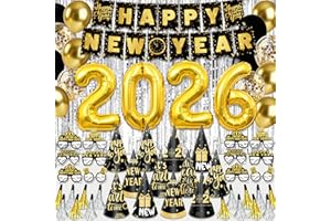REDWORD New Years Decorations 2026, New Years Eve Party Supplies 2026 with Happy New Year Banner Silver Fringe Curtains 32inch 2026 Balloons Hats Glasses Noise Makers for NYE Decorations 2026