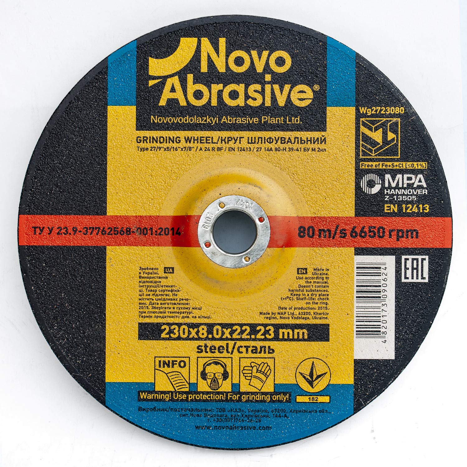 NOVOABRASIVE Metal Grinding Disc 230mm x 8mm x 22.2mm (SET OF 5 PCS) Type 27, Use For Grinding Metal, Steel and Non-Ferrous Metals