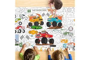 JOYGATHER Monster Truck Coloring Tablecloth for Kids, Large 30x72 Inch Poster with Giant Wheels, Trucks, Perfect for Boy Birt