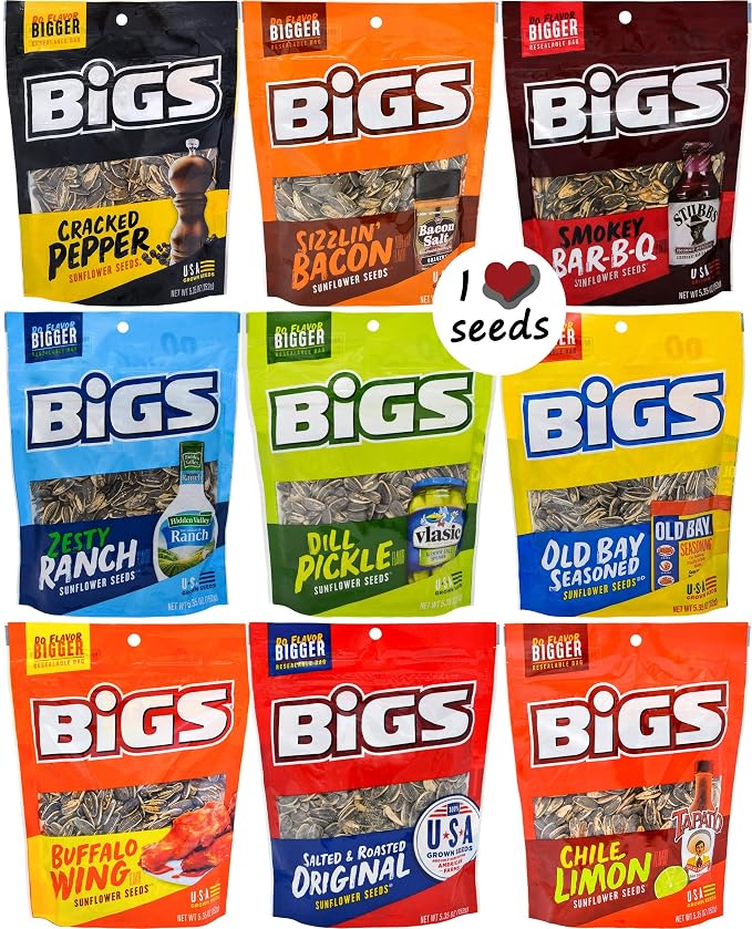 Bigs Sunflower Seed Flavor Variety Pack 9 Bags. (5.35Oz Each) With Bonus Magnet (725873533430)