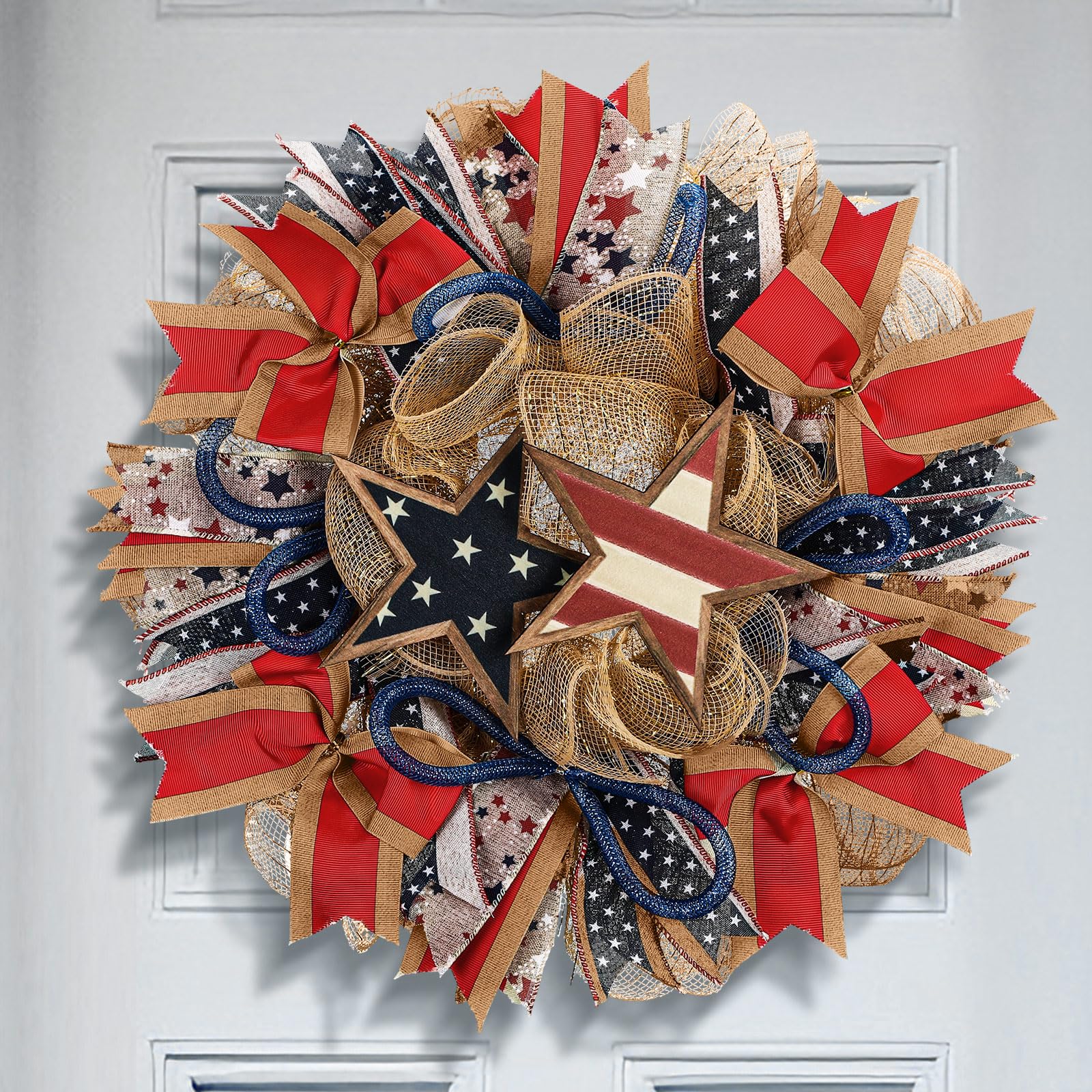 FineCheer Rustic Patriotic Wreath for Front Door 14 Inch 4th of July ...