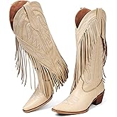 Grakihily Cowgirl Boots for Women Retro Pointed Toe Pull On Block Chunky Heel Embroide Tassel Country Concert Outfits Mid Calf Western Fringe Cowboy Boots