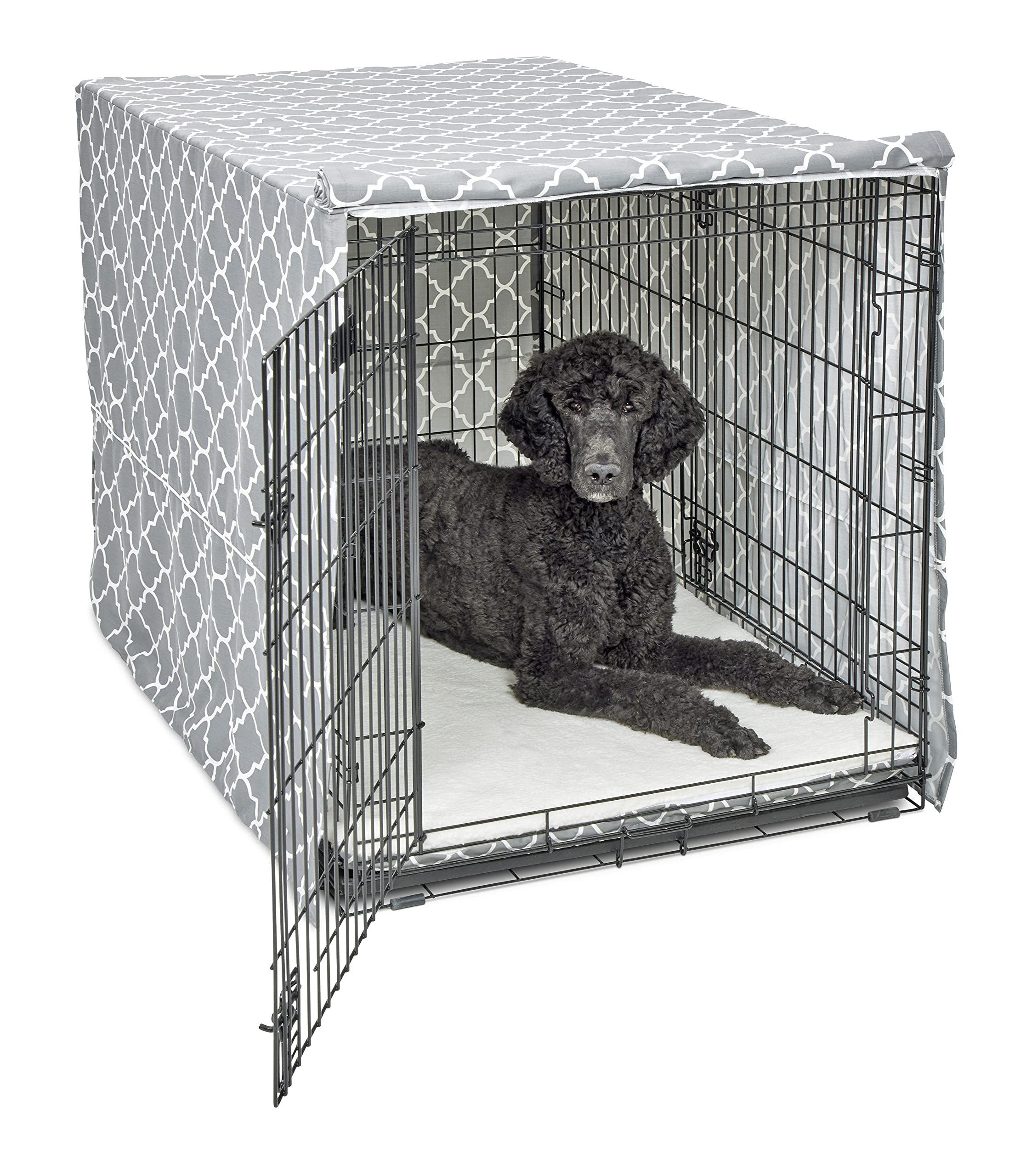 New World XL Dog Crate Cover Featuring Teflon Fabric Protector, Poly-Cotton Privacy Kennel Cover Fits Most 122cm Crates, Gray Designer Print, Machine Washable, Reduces Barking