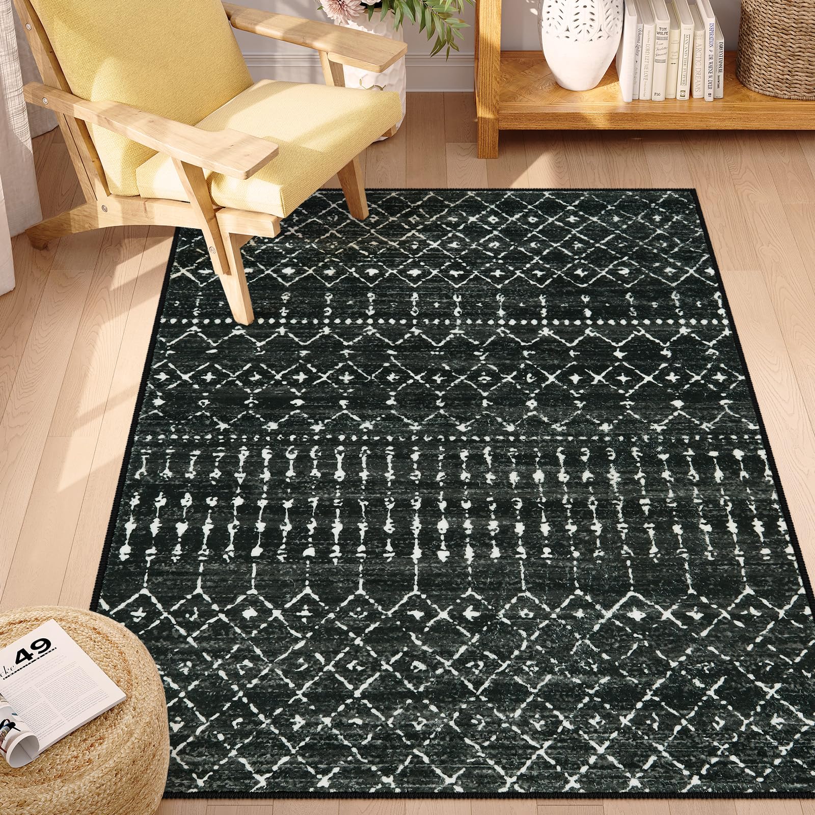 Photo 1 of Beeiva Moroccan Machine Washable Rug 4x6, Non Slip Low Pile Rugs for Bedroom, No Shedding Ultra Thin Carpet for Living Room, Kitchen, Office - Black
