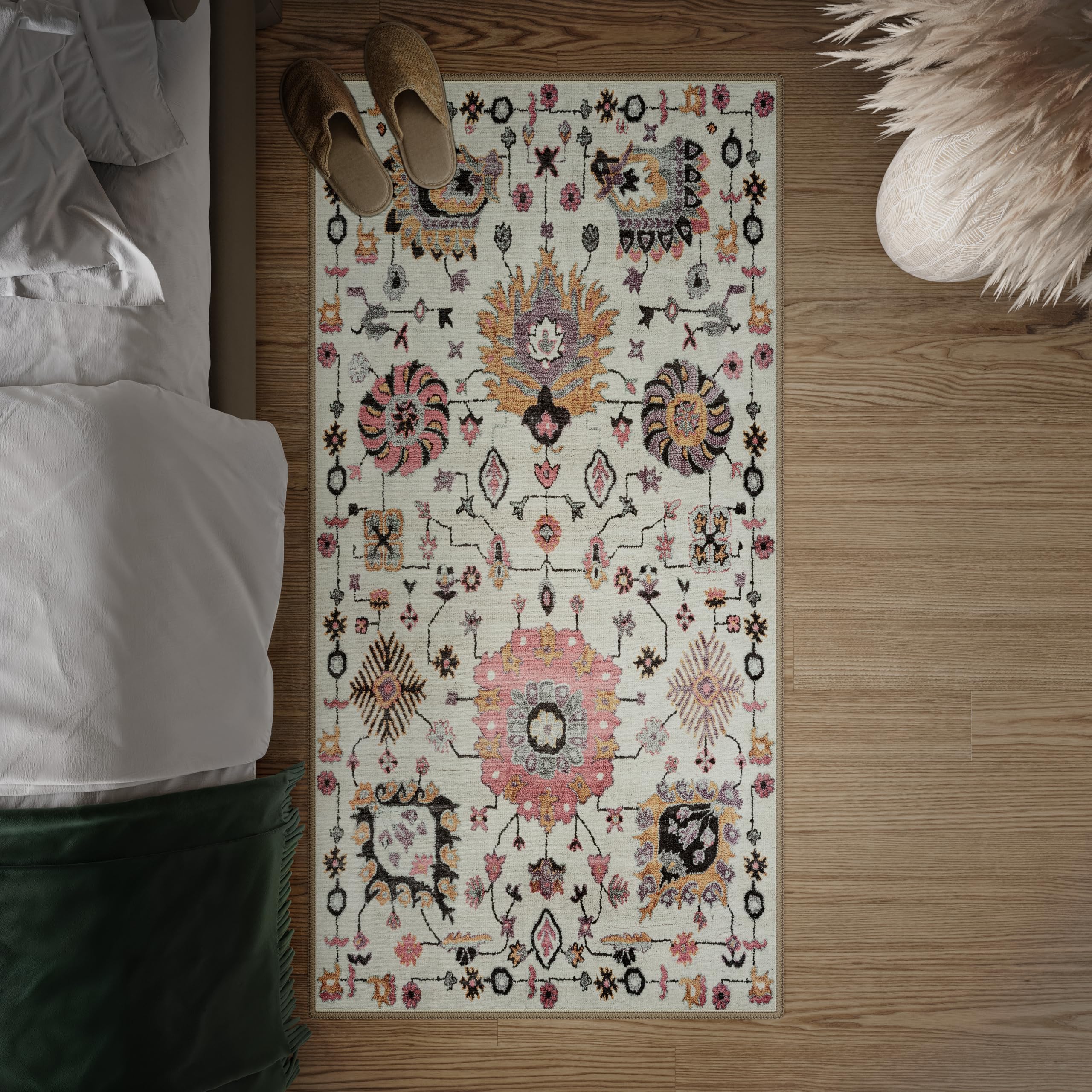 artyrugs Machine Washable Rug, 80x150cm, 75% Recycled Cotton, Short Pile, Non-Slip Backing, Non-Shedding, Suitable for Living Room, Bedroom, Kitchen, Hallway, Office, Dusk Beige & Pink