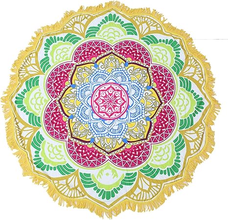 Amazon Com Lucky Shop1234 Large Round Lotus Flower Mandala Tapestry Beach Towel Blanket Table Cloth Fringe Tassel Beach Blanket Yoga Mat Yellow 2 Home Kitchen