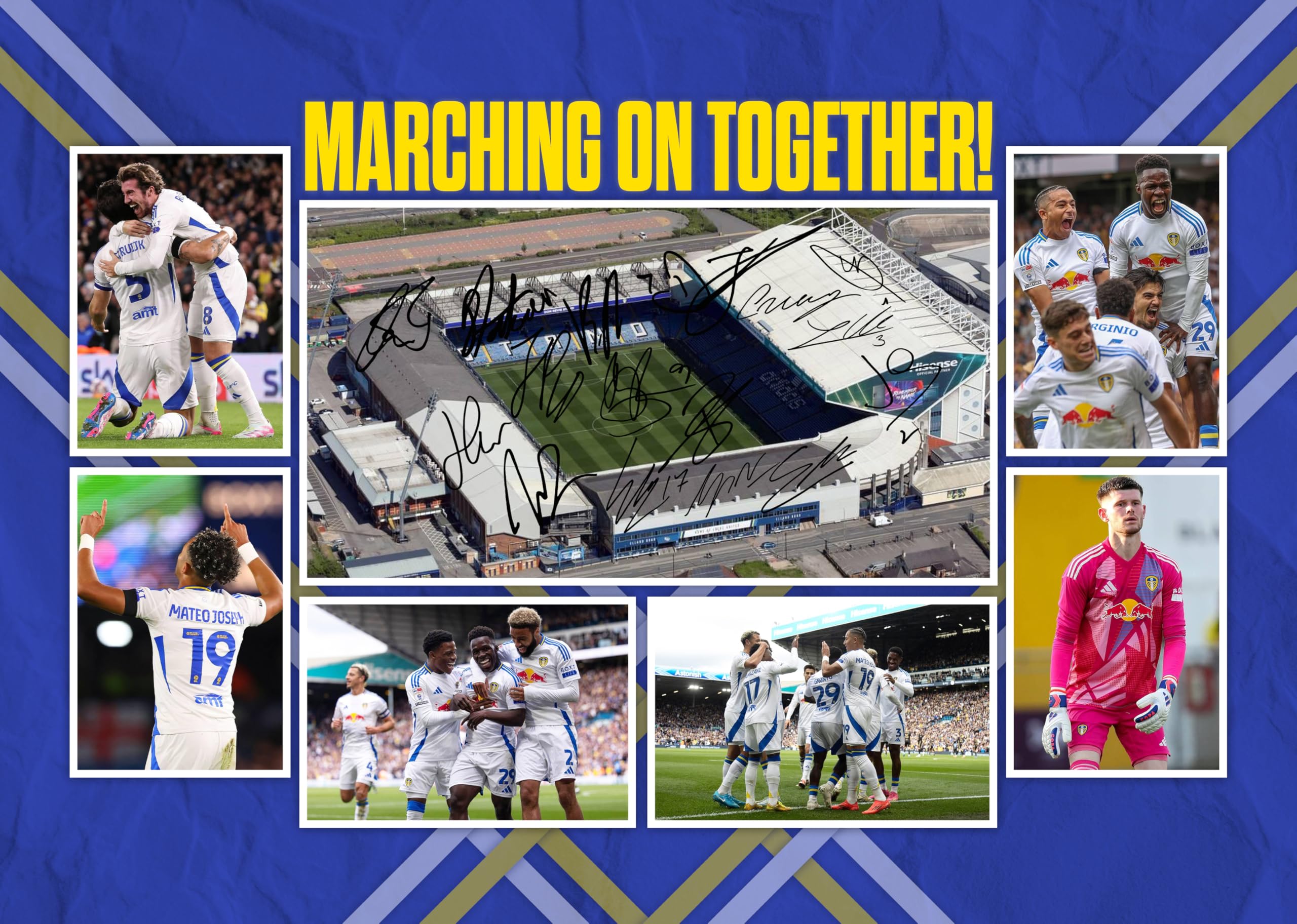 RJR PRINTS Leeds United ' Marching On Together ' 2024/5 Team Football Players Multi Signed A4 Montage Photo Print Which Would Make A Great Gift For Any Fan.
