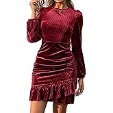 Simplee Womens Velvet Bodycon Mini Dress Long Sleeve Ruffle Hem Fall Winter Cocktail Dresses for Party Holiday Events