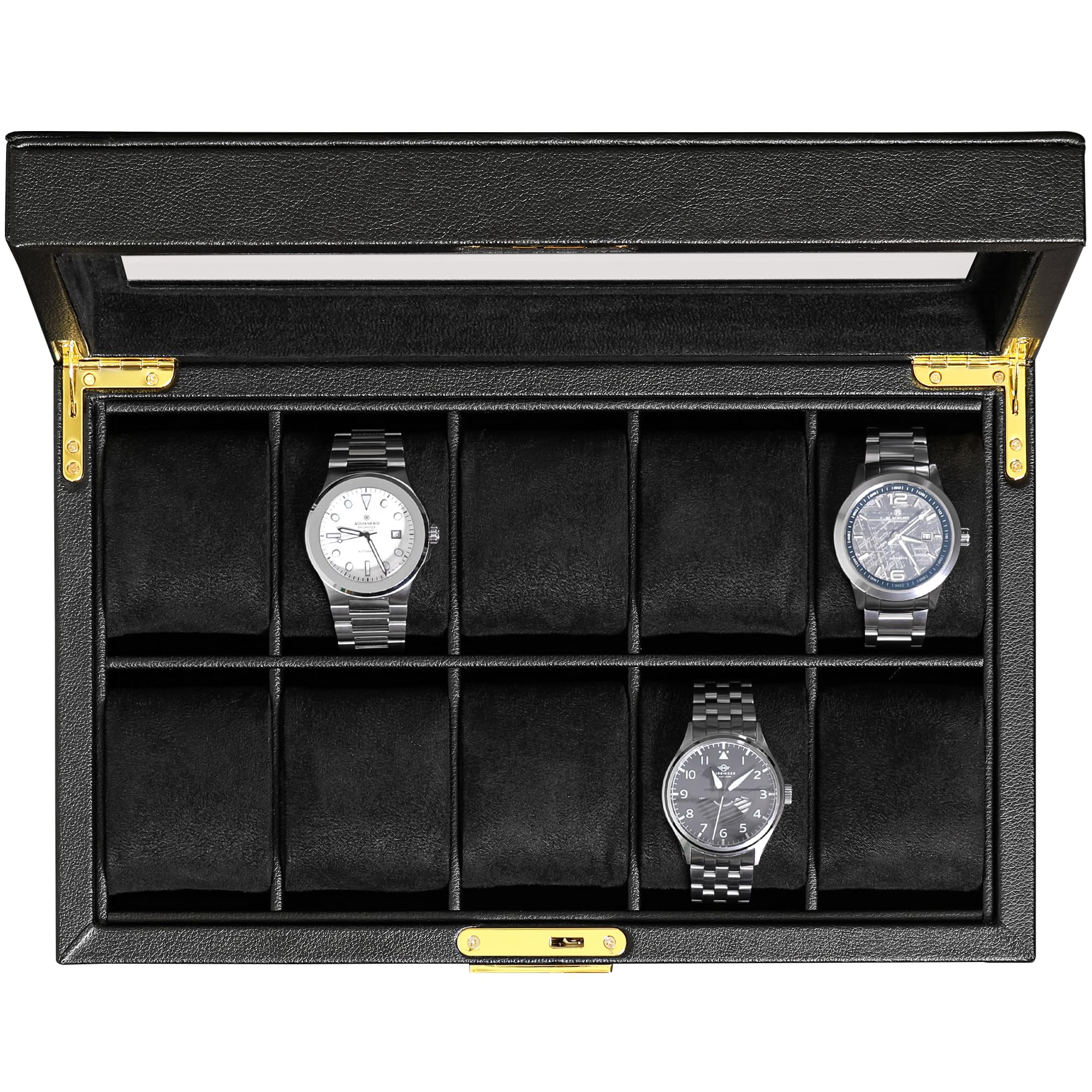ROTHWELL 10 Slot Leather Watch Box - Luxury Watch Case Display Organizer, Ultra Soft Microsuede Liner, Locking Jewelry Watches Holder With Large Glass Top (Black/Black)