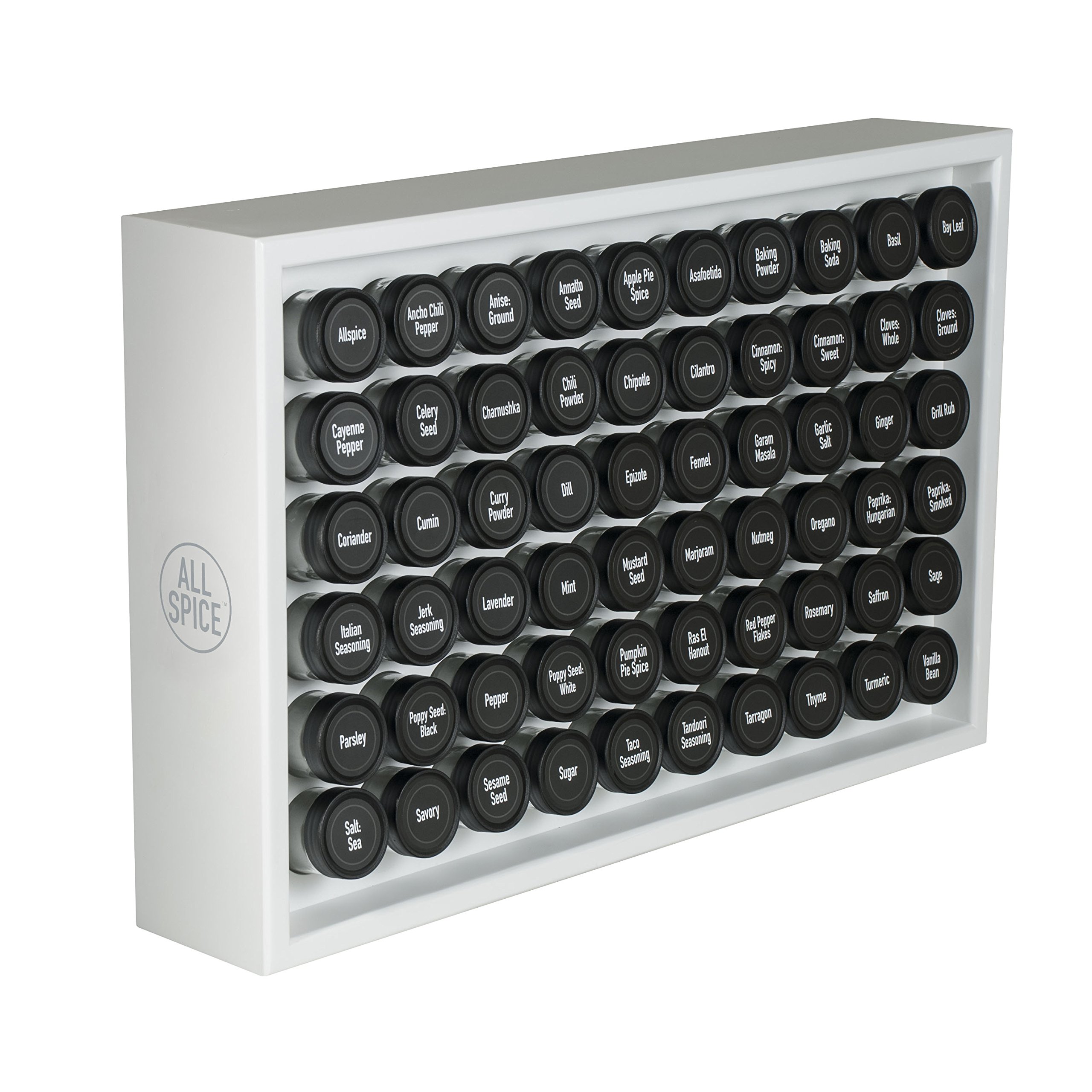 AllSpice Spice Rack Organizer, Wood, 525 Unique Labels, Countertop or Wall Mount, Includes 60 4oz Jars- Matte White