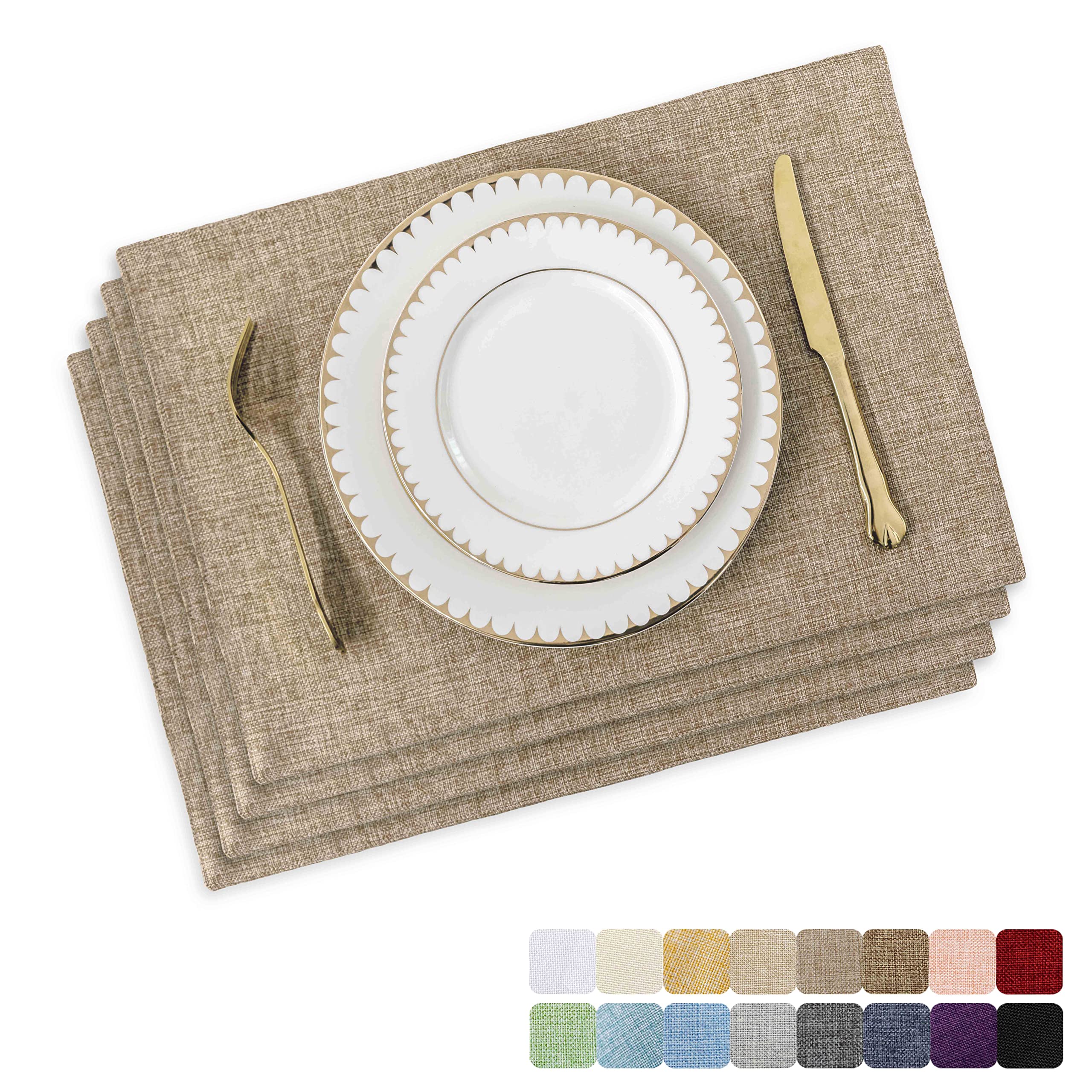 Home Brilliant Fabric Place Mats 4 Pcs, Lined Linen Washable Table Mats, Heat Resistant Table Placemats for Kitchen Restaurant, 33 x 48 cm, 13x19 Inches, Natural Linen