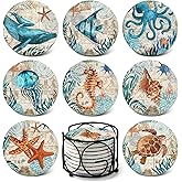 Teivio Absorbing Stone Sea Ocean Life Coasters for Drinks, Cork Base with Holder,Coastal Decor Beach Theme Tropical,for Housewarming Apartment Kitchen Bar Decor, For Wooden Table Coffee table,Set of 8