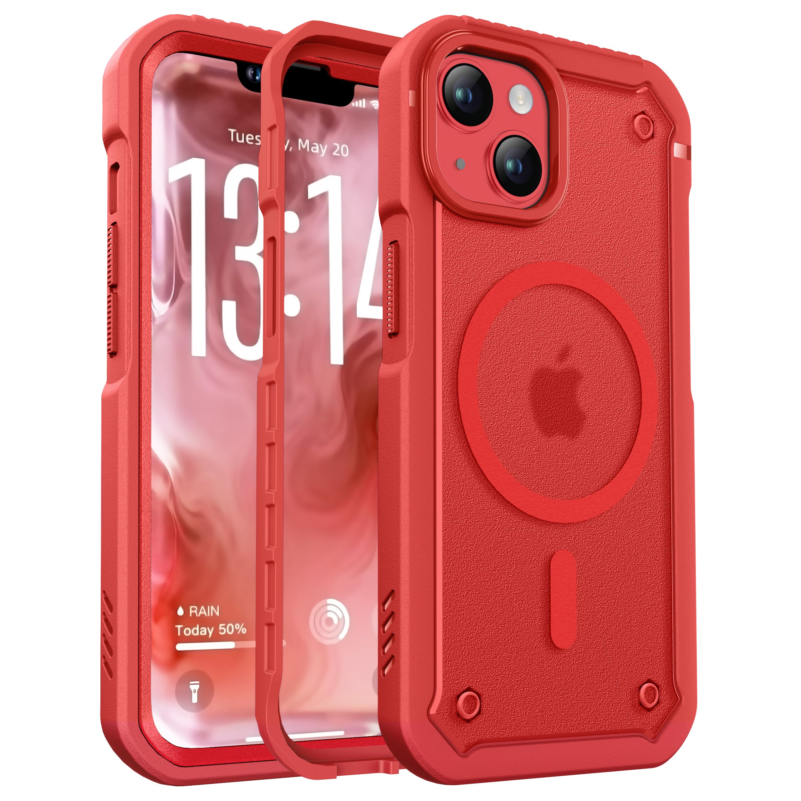 ORETECH Magnetic for iPhone 14 Case & iPhone 13 Case [2 X Screen Protector][Compatible with MagSafe][25 FT Drop Protection] Translucent Matte Dual-Layer Shockproof -Red
