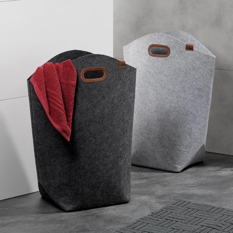 Bolsa de lavandería plegable de fieltro, cestas de lavandería, recogedor de ropa 61 cm, FAY, asas reforzadas, gris oscuro — foto 2 de 8