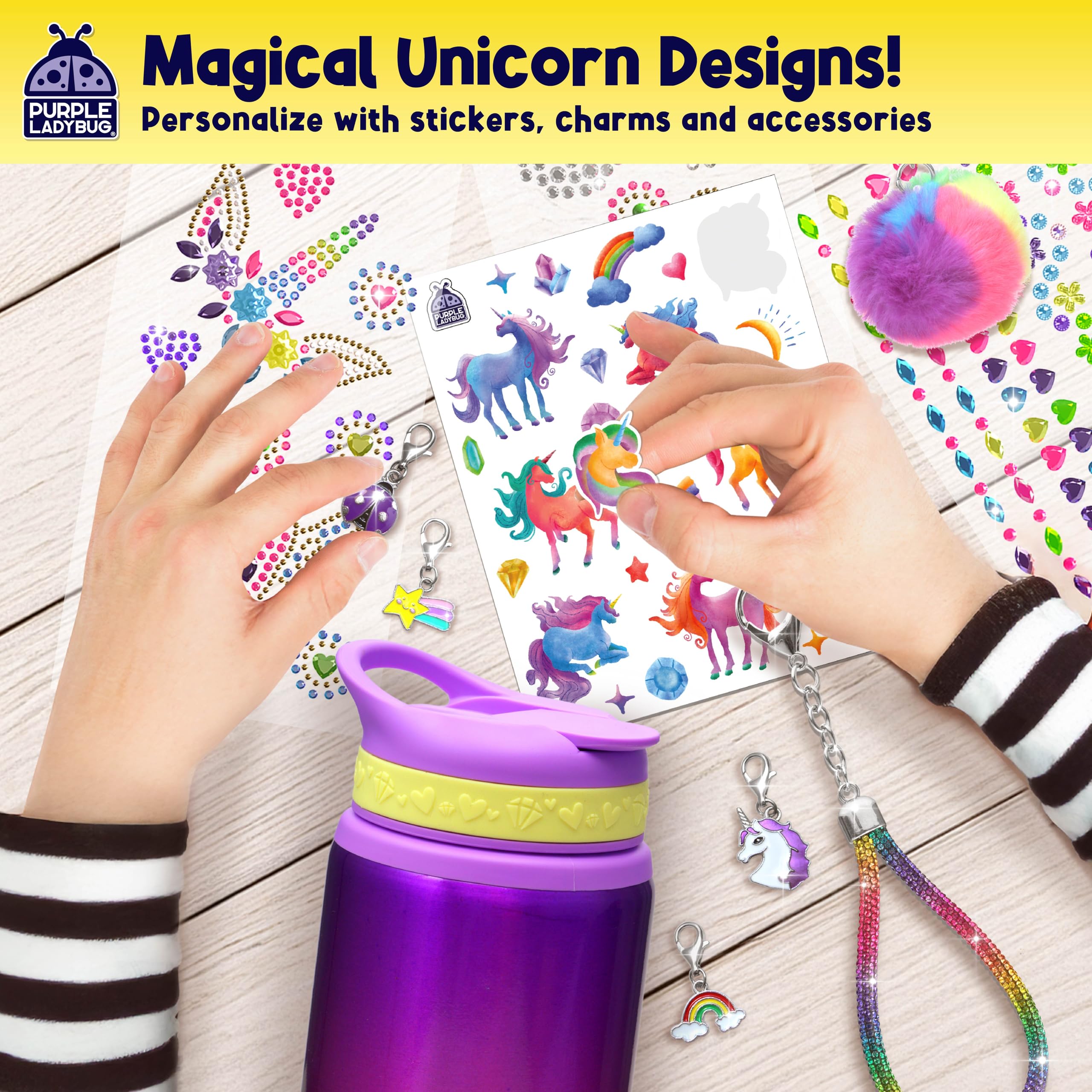PURPLE LADYBUG Decorate Your Own Water Bottle Kit for Girls - Unicorn Design with Glitter Gem Stickers, Gifts for Girls Ages 5-8-10 Years Old Birthday, Fun Craft for Kids, Water Bottle for School