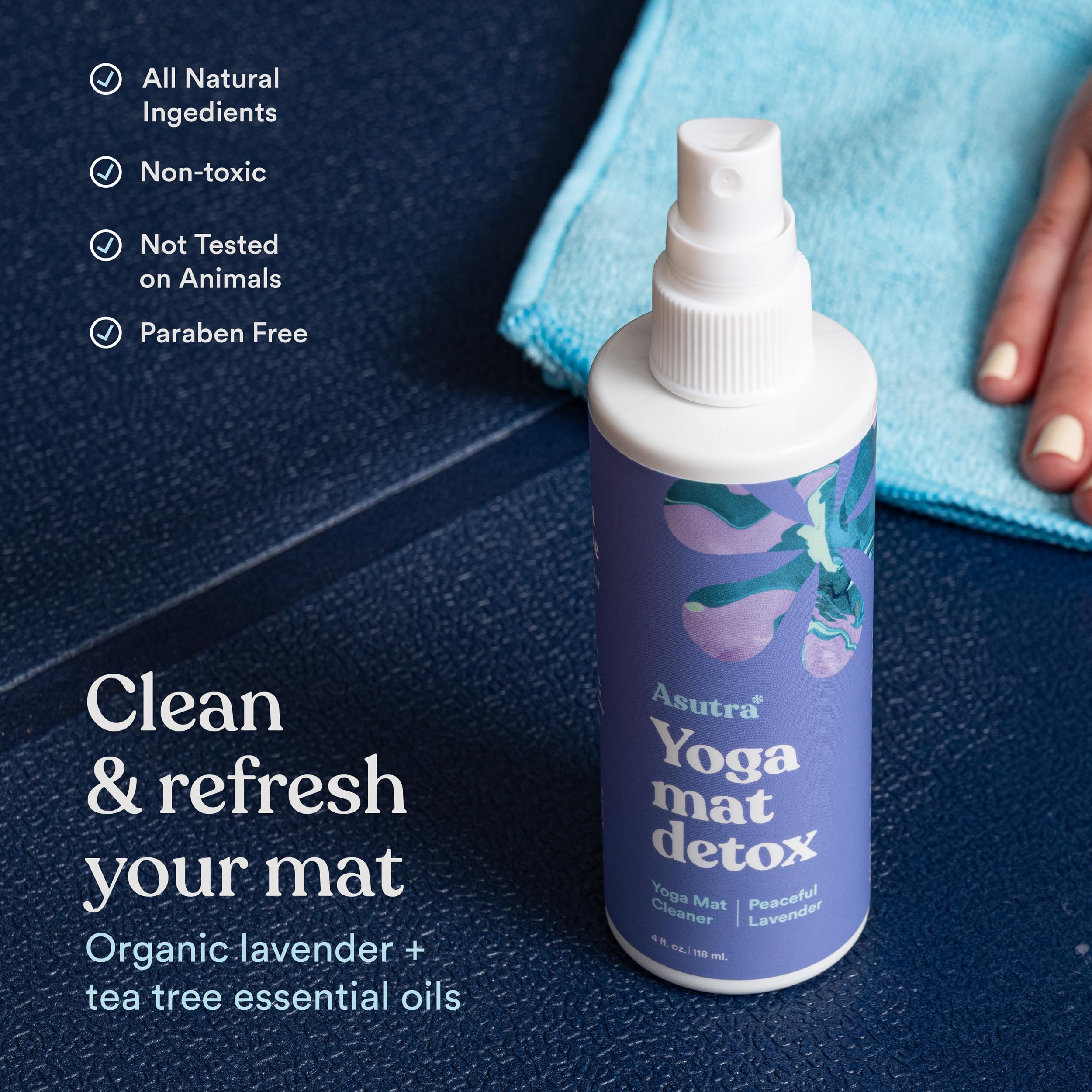ASUTRA Yoga Mat Cleaner Spray (Peaceful Lavender), 4 fl oz - No Slippery Residue, Organic Essential Oils, Deep-Cleansing for Fitness Gear & Gym Equipment, Microfiber Towel Included