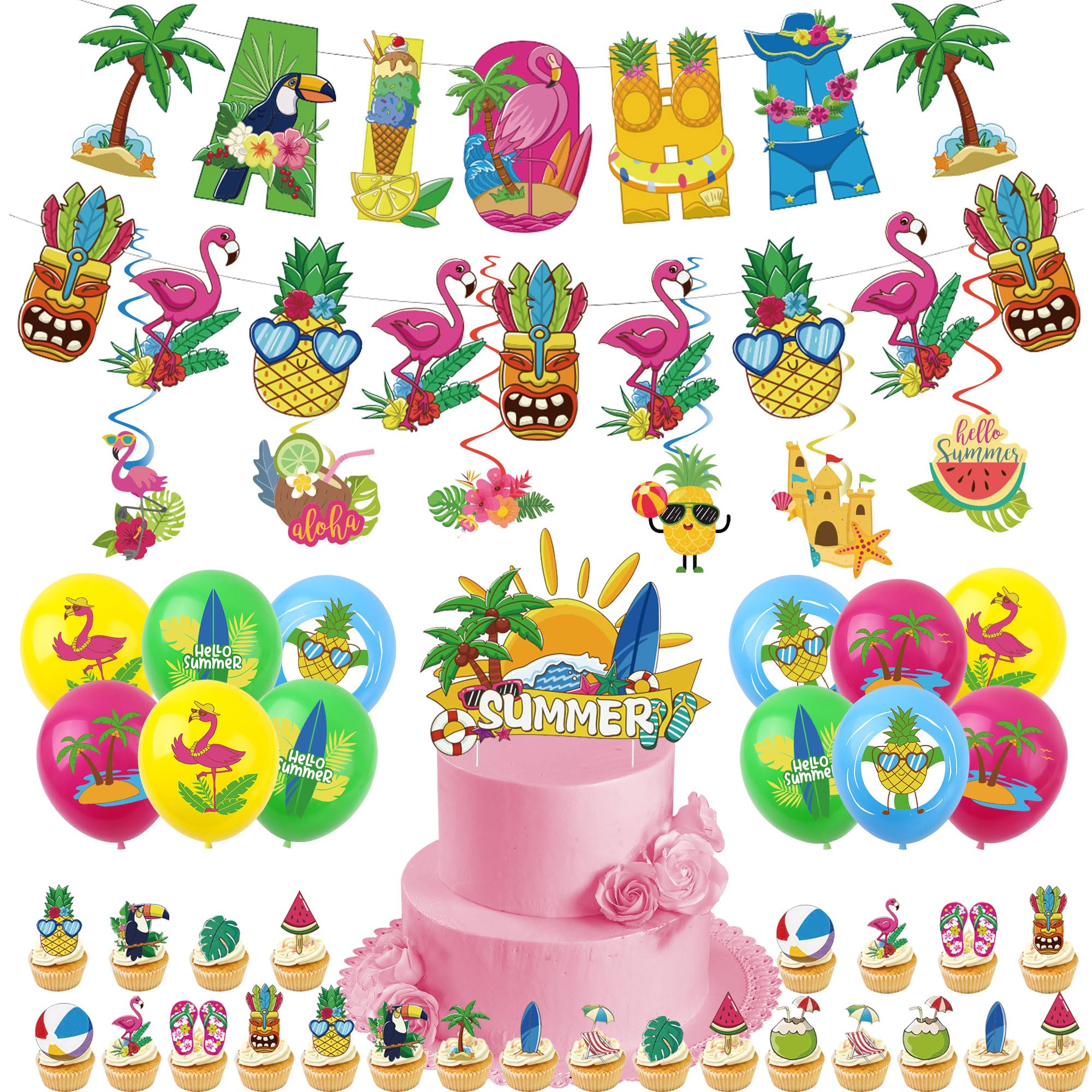 44Pcs Summer Hawaii Decorations for Holiday Party Balloons,Holiday Decor Banner Bunting,Cake Toppers,Hawaii Hanging Swirls for Eid Decorations Summer Day Theme Party Supplies