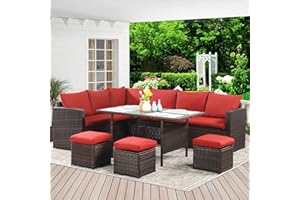 Wisteria Lane Patio Furniture Set, 7 Piece Outdoor Dining Sectional Sofa with Dining Table and Chair, All Weather Wicker Conversation Set with Ottoman, Red