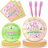 GOLDGAO 100 PCS Witch Birthday Party Decorations Tableware Pink and Green Plates and Napkins Wicked Disposable Tableware Set Paper for Girls Birthday Party Decorations Severs 25 Guests