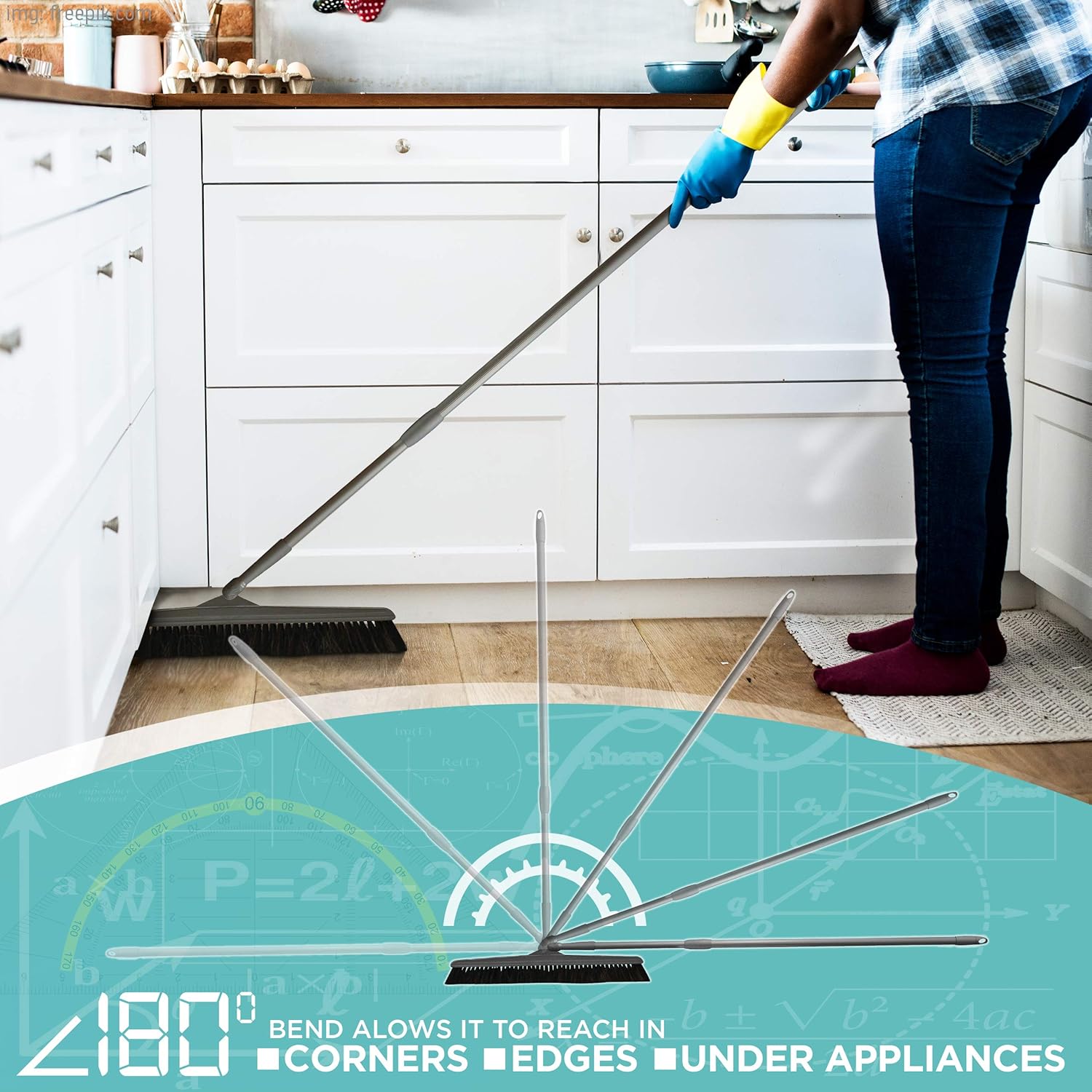 Handysweep Wide Push Broom with Telescoping Handle and Angled Bristle Head for Indoor and Outdoor Household Cleaning, Heavy Duty Sweeper for Kitchen, Bathroom, Garage, Adjustable Length: Kitchen & Dining