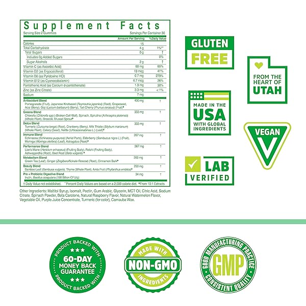 ZHOU SUPERGREENS MAX GUMMIES, GREENS ANTIOXIDANT BLEND, SUPERFOOD SUPPORT SUPPLEMENT, DIGESTION AND IMMUNE HEALTH, CELLULAR ENERGY, PREBIOTIC AND PROBIOTIC BLEND, NO ADDED SUGAR, 60 VEGAN GUMMIES