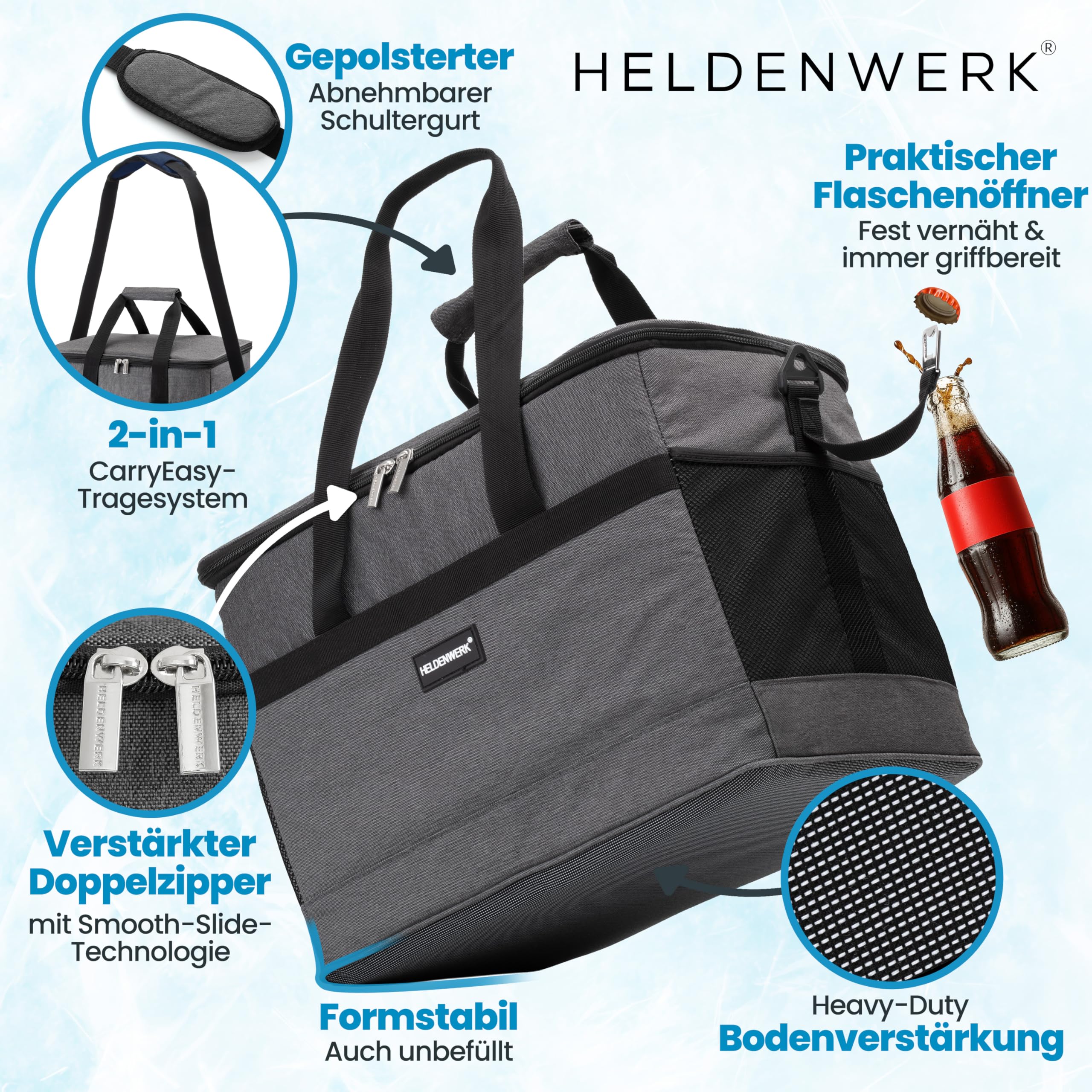 HELDENWERK Kühltasche groß 33L faltbar – Kühlbox bis zu 12h Kühlleistung auslaufsicher & wasserdicht – Thermotasche, Picknicktasche, Lunchtasche, Isoliertasche mit 7 Fächern – verstärkter Boden 4