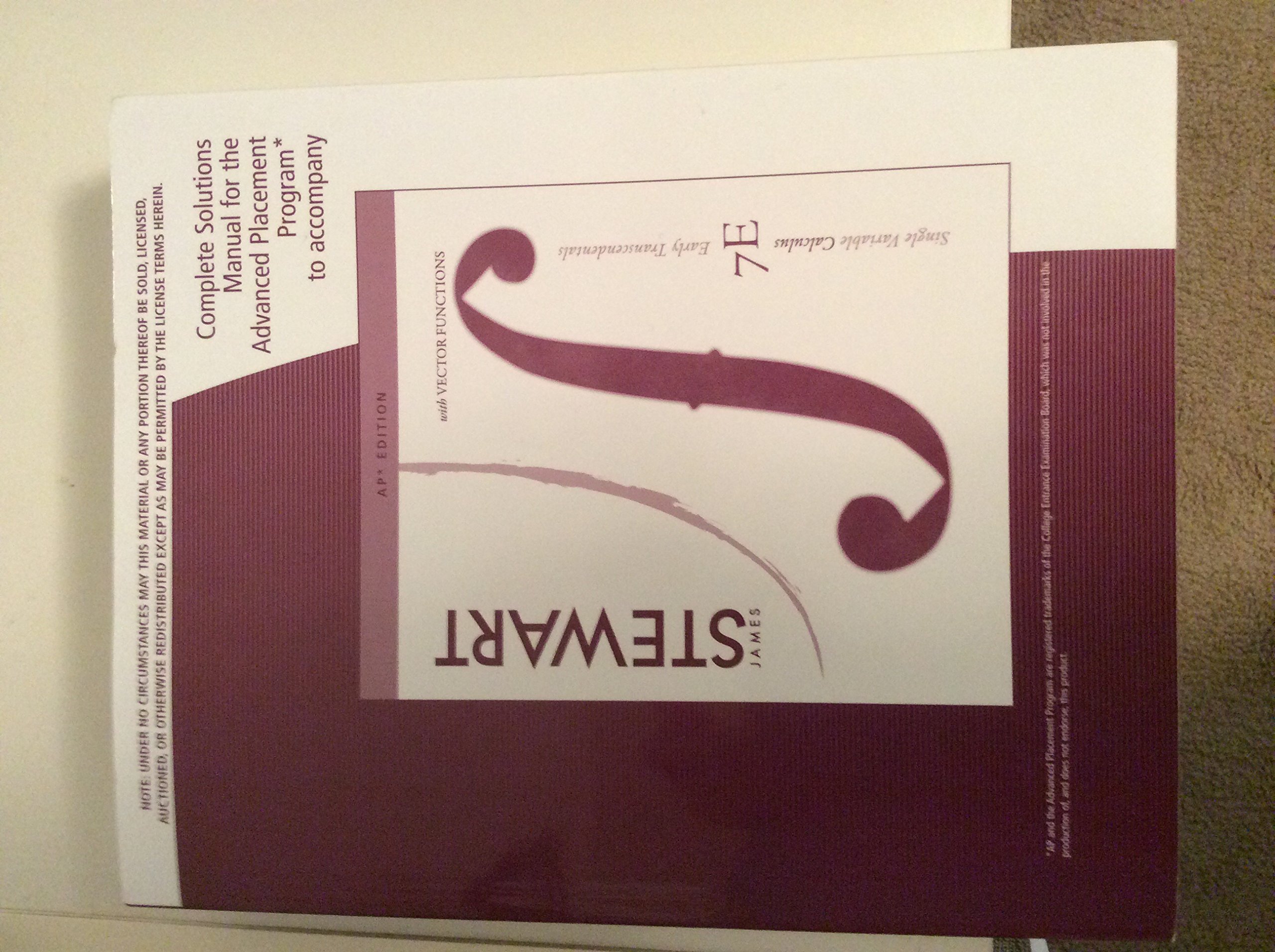 Complete Solutions Manual for: SINGLE VARIABLE CALCULUS Early  Transcendentals 7th Edition by Stewart Paperback – 2010