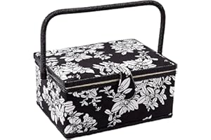 Sewing Basket with Floral Print Design - Sewing Kit Storage Box with Removable Tray, Built-in Pin Cushion and Interior Pocket - by Adolfo Design (Large - 12" x 9" x 6", Hibiscus)