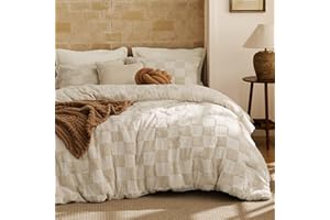 Bedsure Queen Size Comforter Set Beige, Boho Tufted Bed Set, Checkered Farmhouse Shabby Chic Bedding, 3 Pieces, 1 Plaid Geometric Comforter and 2 Pillow Shams