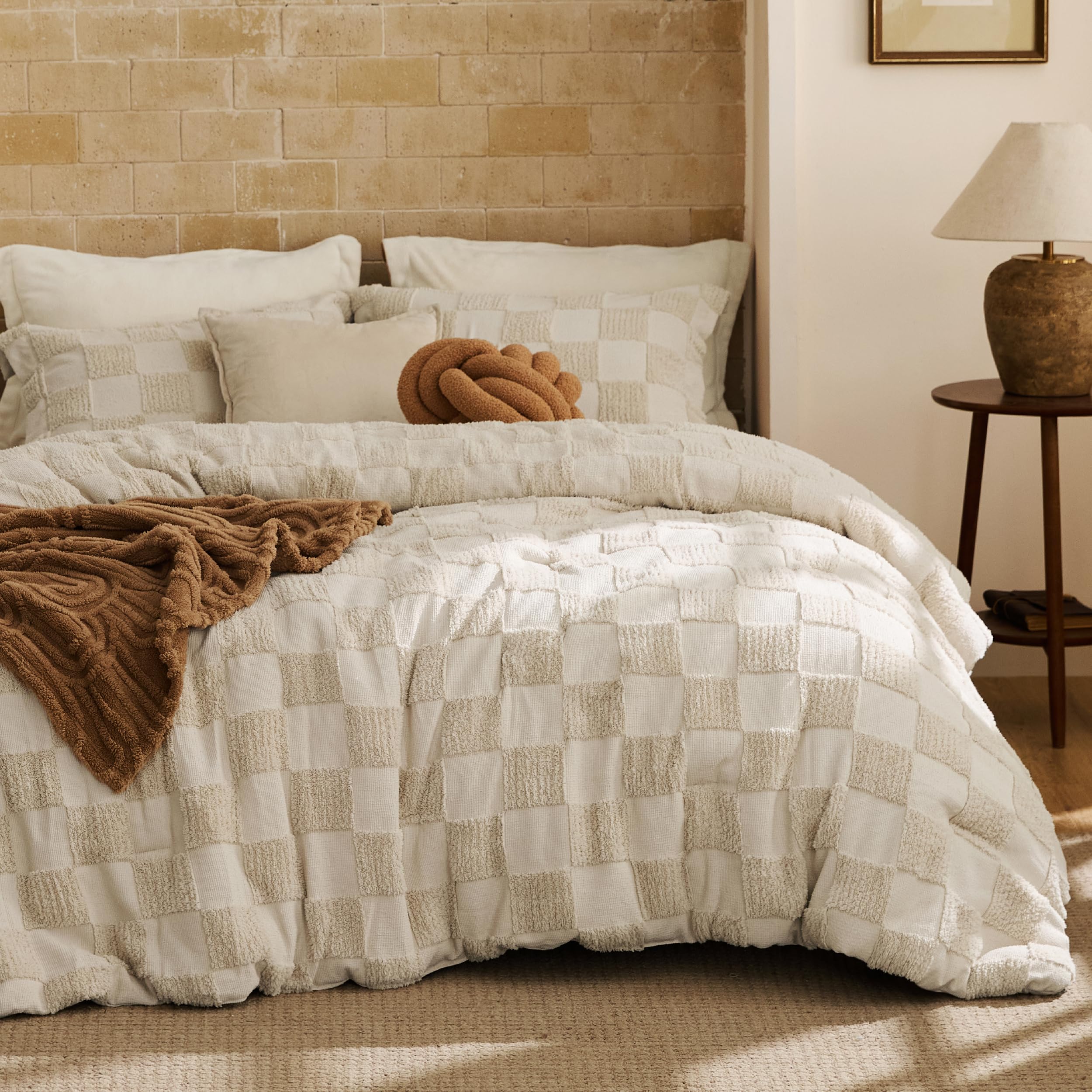 Photo 1 of Bedsure California King Size Comforter Set Beige, Boho Tufted Bed Set, Checkered Farmhouse Shabby Chic Bedding, 3 Pieces, 1 Plaid Geometric Comforter and 2 Pillow Shams
