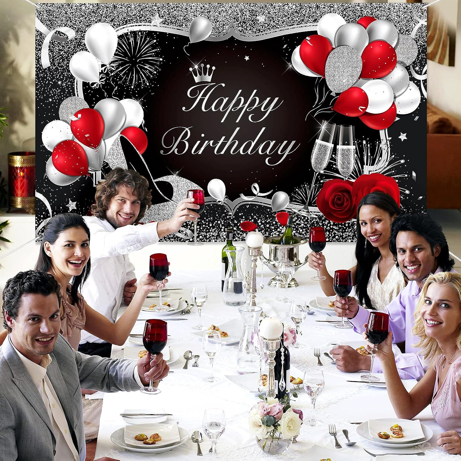 Silver and Black Happy Birthday Backdrop Banner Large Balloons Background Pink Red Champagne Glitter High Heels for Party Decorations 185 x 110 cm - Image 5