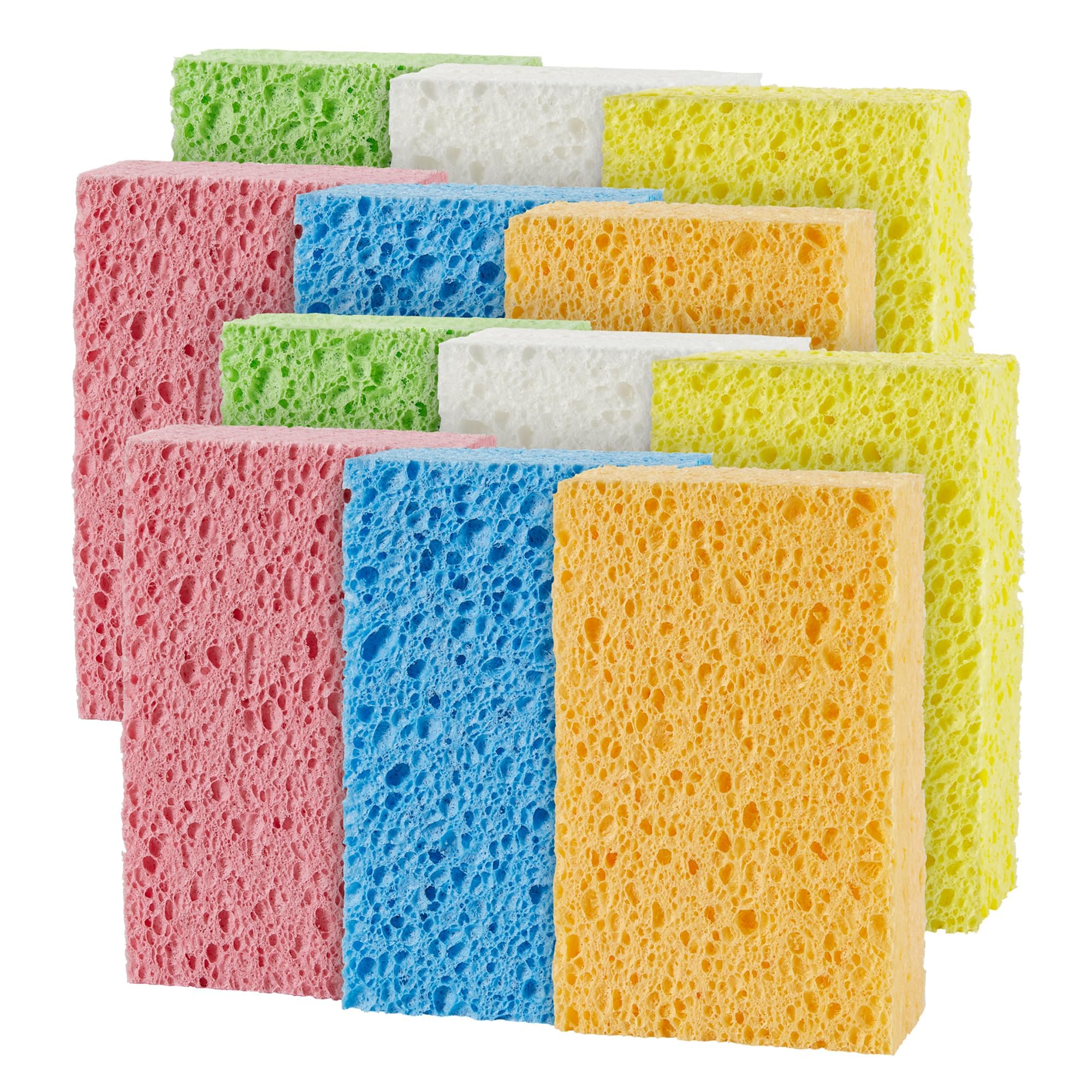 JOYMOOP Compressed Sponges, Cellulose Sponges Kitchen for Non-Scratch Washing Dishes, Household Cleaning Scrub Natural Sponges, Pack of 12 Colorful Sponges