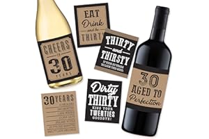 HADLEY DESIGNS 6 30th Birthday Wine or Beer Bottle Labels Stickers Present, 1991 Dirty Thirsty Thirty Bday Gifts for Him Men, Cheers to 30 Years, Funny Unique Party Decorations and Novelty Supplies for Man Husband